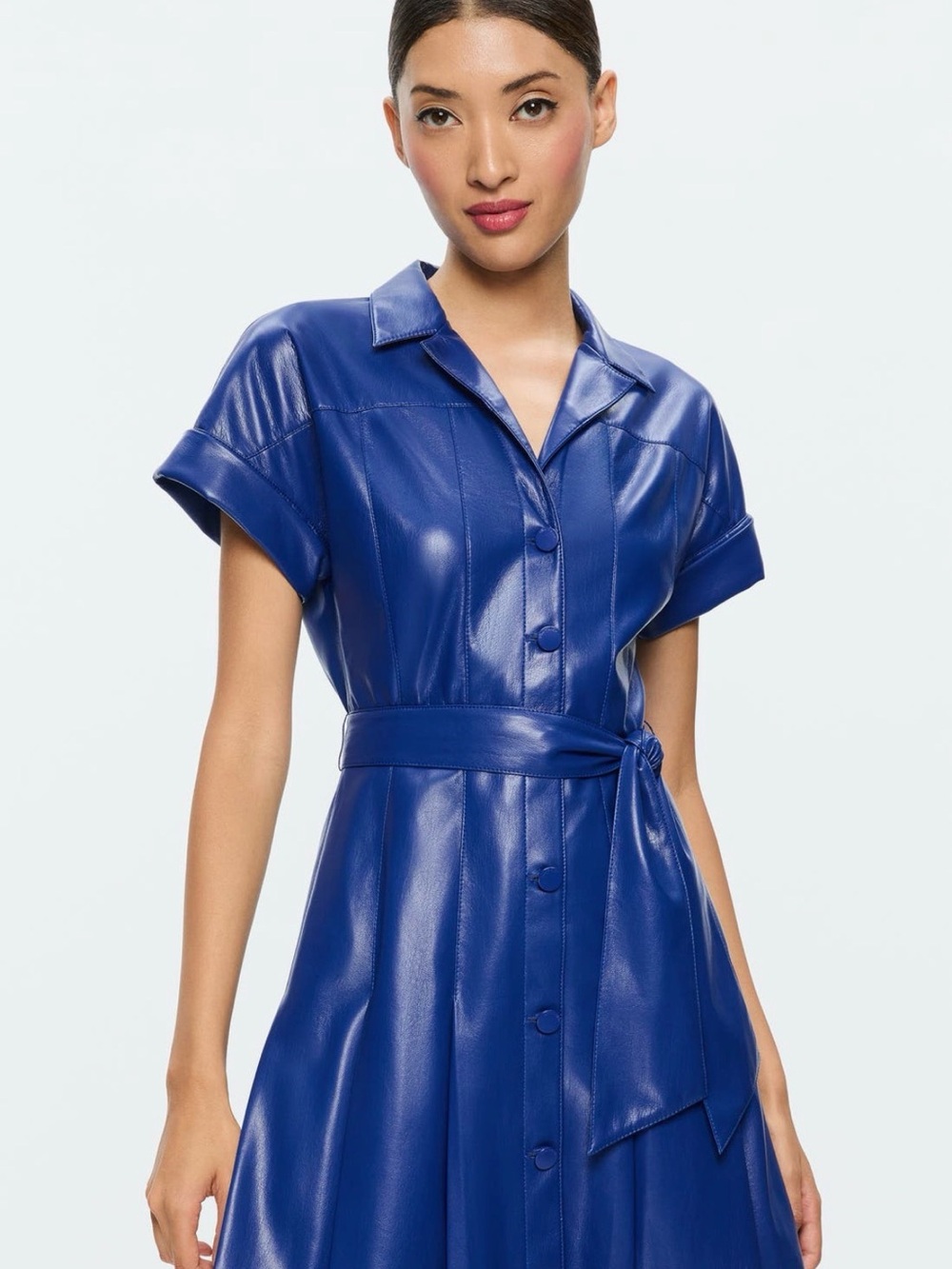 Alice + Olivia Royal Blue Faux Leather Belted Shirt Dress